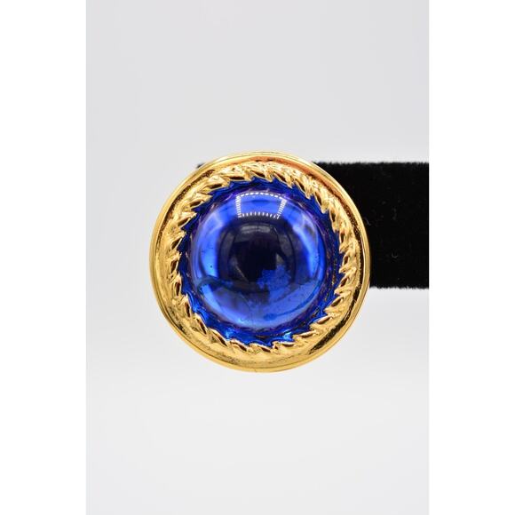 Givenchy Vintage Blue Cabochon Earrings Royal Round Gold Chunky Signed 80s Bin4 - Picture 6 of 12